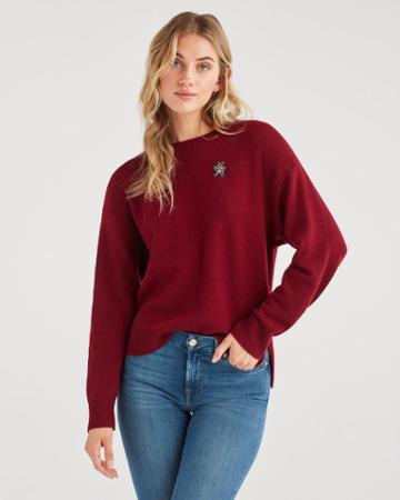 7 For All Mankind Women's Step Hem Pullover With Teddy Embellishment In Oxblood