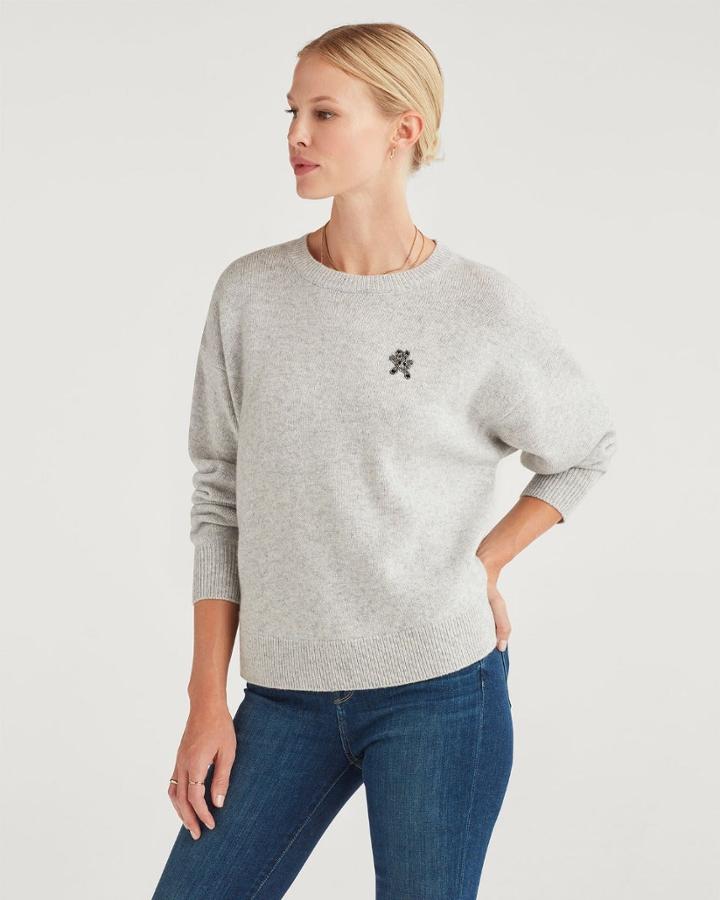 7 For All Mankind Women's Step Hem Pullover With Teddy Embellishment In Heather Grey