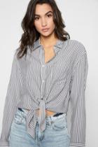 7 For All Mankind Striped High Low Tie Front Shirt In Grey And White