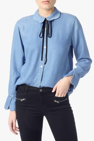 7 For All Mankind Scalloped Denim Shirt With Bow Tie Blue Haven