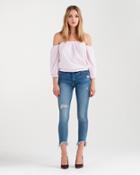 7 For All Mankind Puff Sleeve Off The Shoulder Top In Pink And White