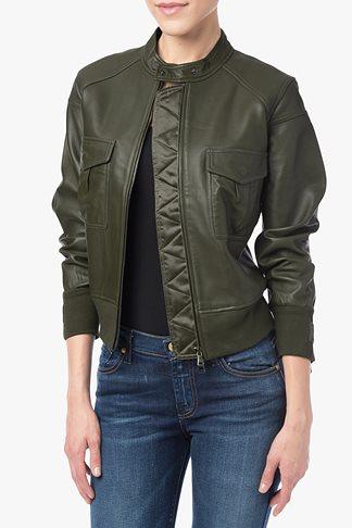 7 For All Mankind Bonded Leather Bomber In Dusty Olive
