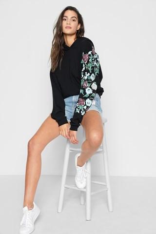 7 For All Mankind Circular Hoodie With Floral Painted Sleeve In Black