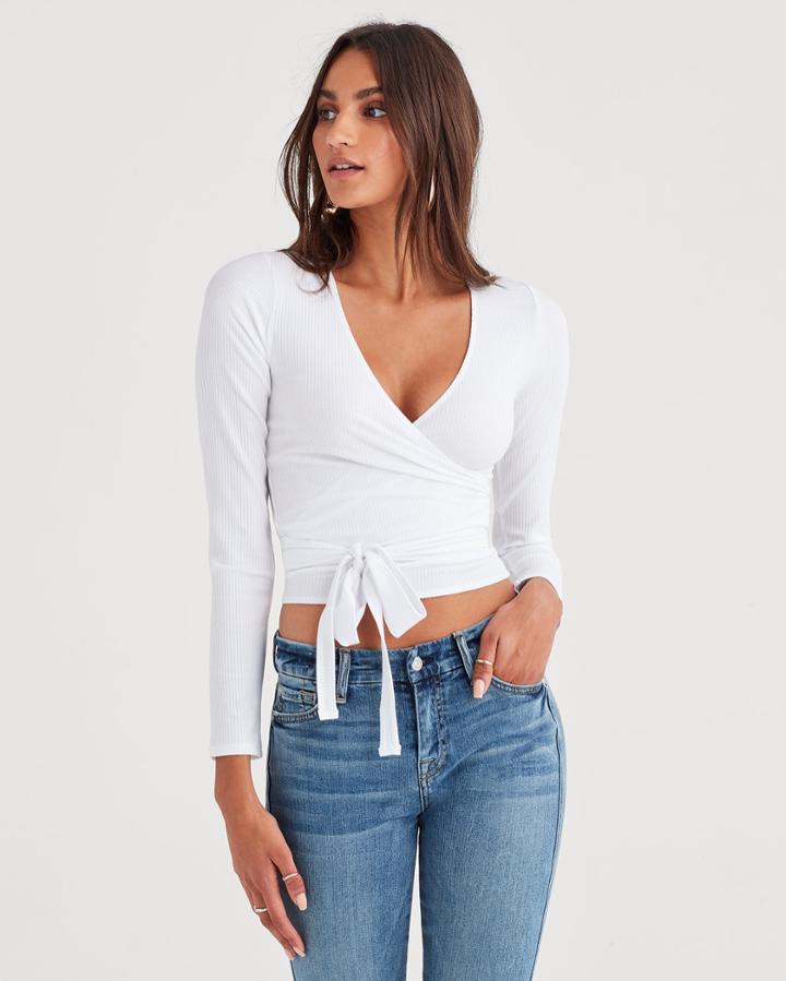 7 For All Mankind Long Sleeve Ribbed Wrap Top In Optic White