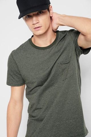 7 For All Mankind Short Sleeve Striped Ringer Tee In Fatigue Ecru Feeder Stripe