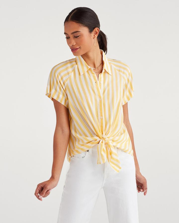 7 For All Mankind Women's Cap Sleeve Tie Front Shirt In Danelion And White
