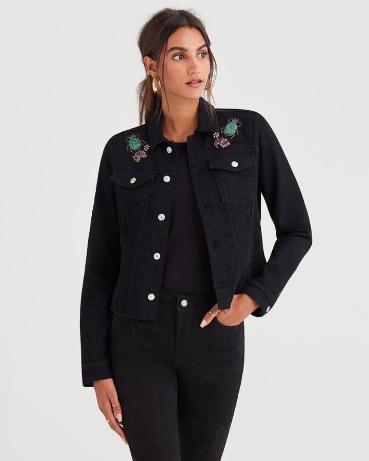 7 For All Mankind Classic Denim Jacket With Cut Off Waist Band And Jewel Garden Applique