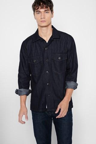 7 For All Mankind Long Sleeve Denim Military Shirt In Dark Indigo Rinse