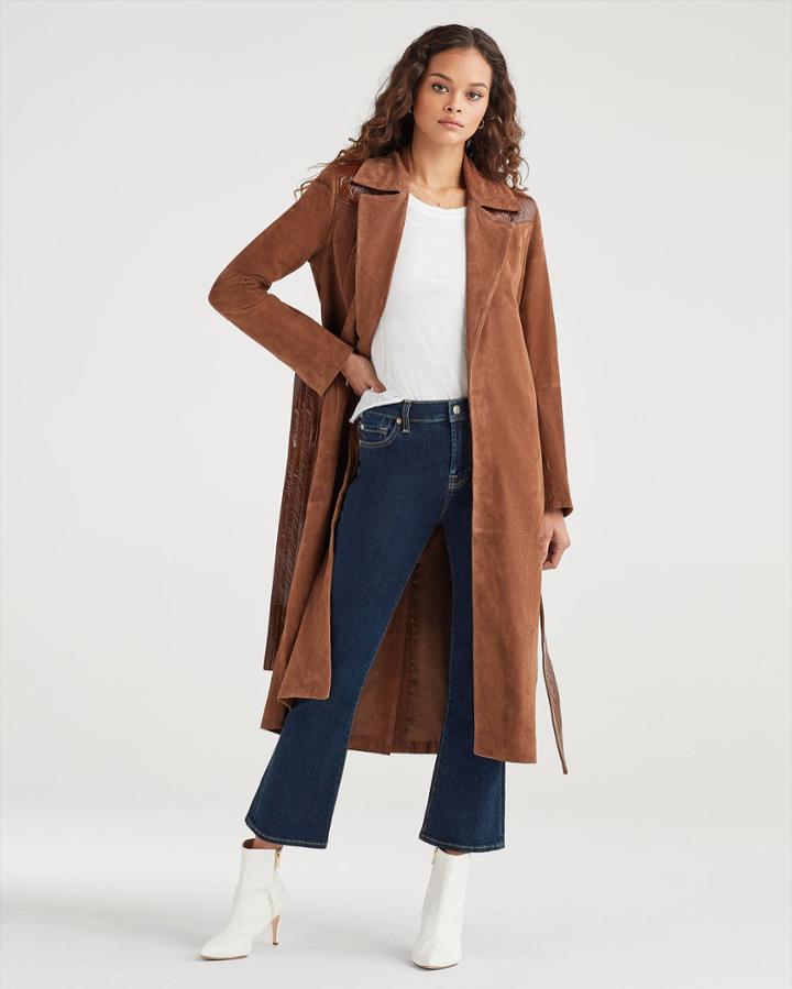 7 For All Mankind Women's Suede Trench Coat With Patent Leather Trim In Cognac