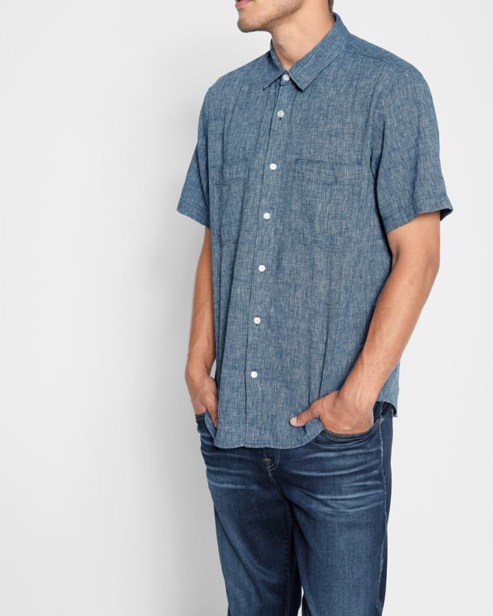 7 For All Mankind Men's Short Sleeve Linen Shirt In Navy