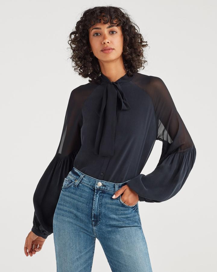 7 For All Mankind Women's Silk Georgette Tie Neck Blouse In Jet Black