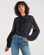 7 For All Mankind Women's Silk Georgette Tie Neck Blouse In Jet Black
