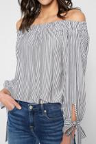7 For All Mankind Striped Off Shoulder Tie Top In Grey And White