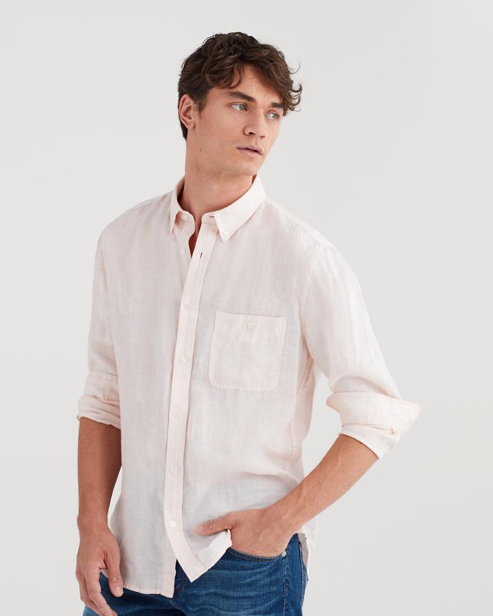 7 For All Mankind Long Sleeve Linen Front Pocket Shirt In Pink Sunrise