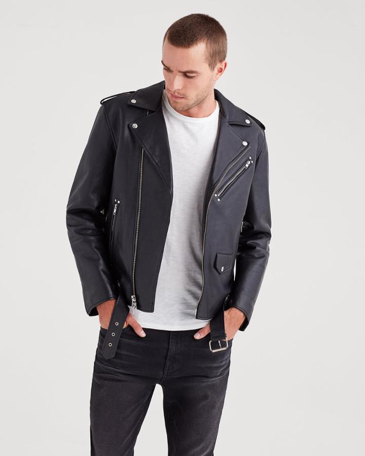7 For All Mankind Men's Leather Biker Jacket In Black