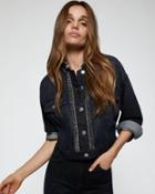 7 For All Mankind Women's Crop Trucker Jacket With Fringe Hem In Washed Out Black