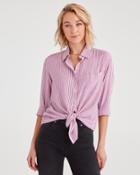 7 For All Mankind Striped High Low Tie Front Shirt In Electric Pink With White Stripes