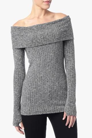 7 For All Mankind Off Shoulder Ribbed Knit Top In White And Black Marled