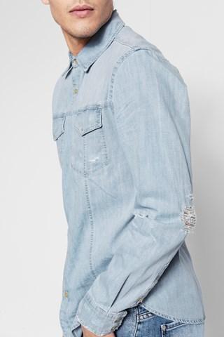 7 For All Mankind Denim Trucker Shirt In Light Vintage Distressed