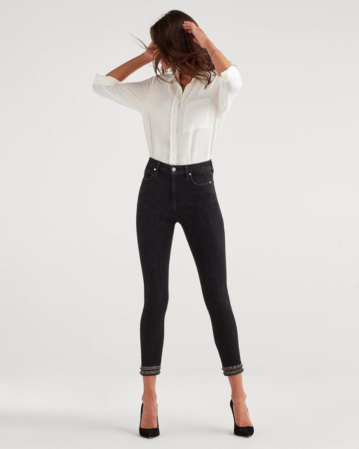 7 For All Mankind Women's High Waist Ankle Skinny With Fringe Hem In Washed Out Black
