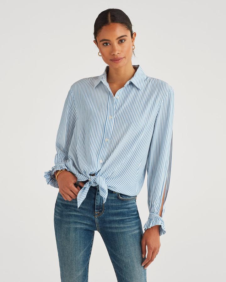 7 For All Mankind Women's Split Sleeve Shirt In Blue And White Stripe