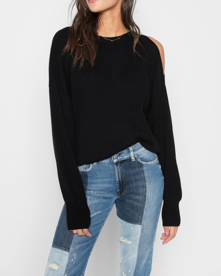 7 For All Mankind Women's Split Sleeve Sweater In Ebony Black