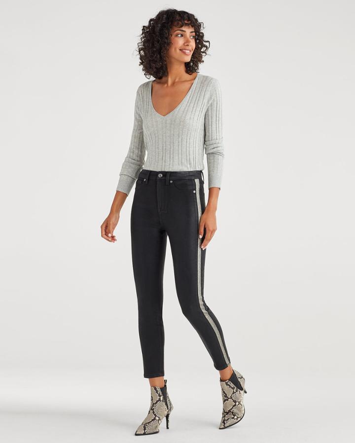 7 For All Mankind Women's B(air) High Waist Ankle Skinny With White Snake Side Stripe In Coated Black