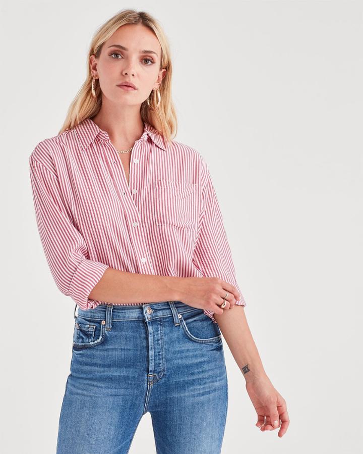 7 For All Mankind Women's High Low Front Tie Shirt In Dark Merlot With White Stripes