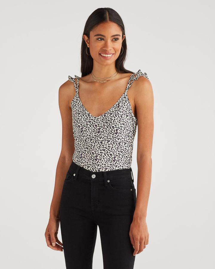 7 For All Mankind Women's Mini Ruffle Strap Tank In Black And White Leopard Print