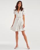 7 For All Mankind Women's Ruffle Sleeve Wrap Dress In Black And White Linen Stripe