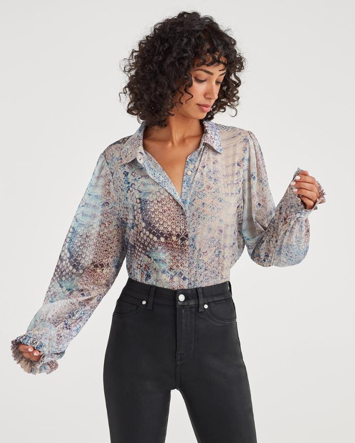 7 For All Mankind Women's Ruffle Cuff Blouse In Pink Snake