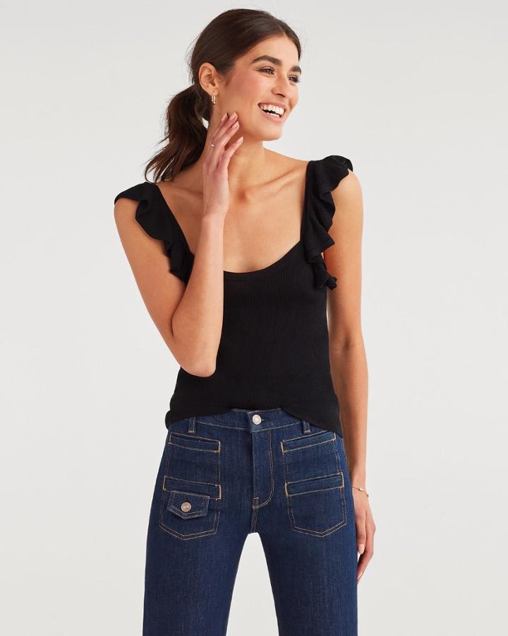 7 For All Mankind Women's Ruffle Strap Sweater Tank In Jet Black