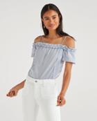 7 For All Mankind Women's Ruffle Short Sleeve Off Shoulder Top In Blue And White Stripe