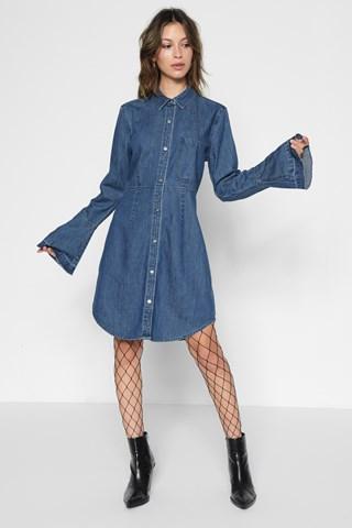 7 For All Mankind Bell Sleeve Denim Shirt Dress In Pico Blue