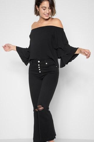 7 For All Mankind Ruffle Off Shoulder Top In Black