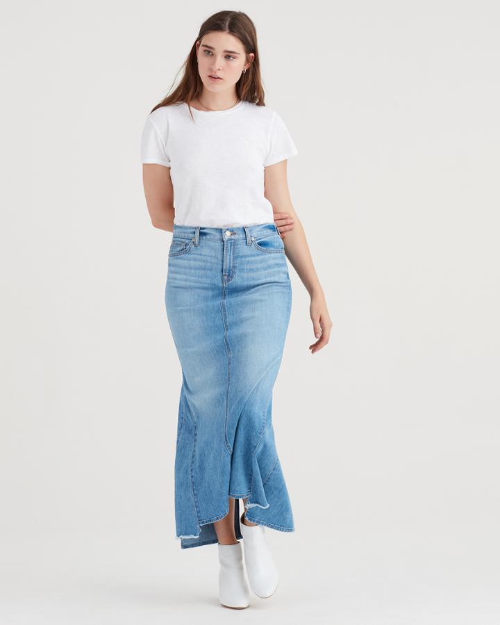 7 For All Mankind Long Maxi Skirt With Side Kicks And Destroy In Bright Blue Jay