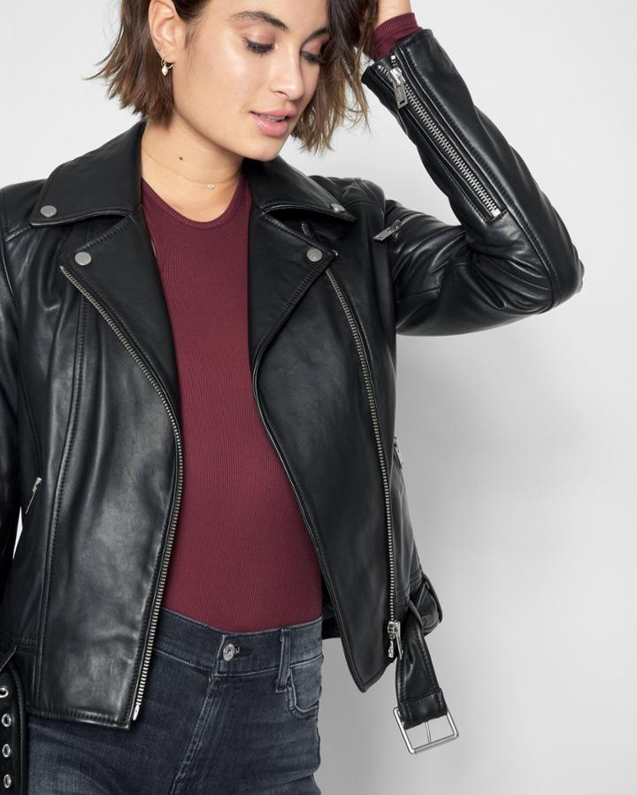 7 For All Mankind Women's Leather Asymmetrical Zip Belted Moto Jacket In Black