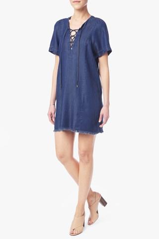 7 For All Mankind Lace Up Denim Dress In Deep Lagoon Blue