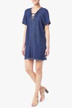 7 For All Mankind Lace Up Denim Dress In Deep Lagoon Blue