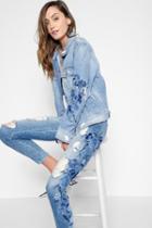 7 For All Mankind Boyfriend Jacket With Blue Roses Embroidery And Destroy