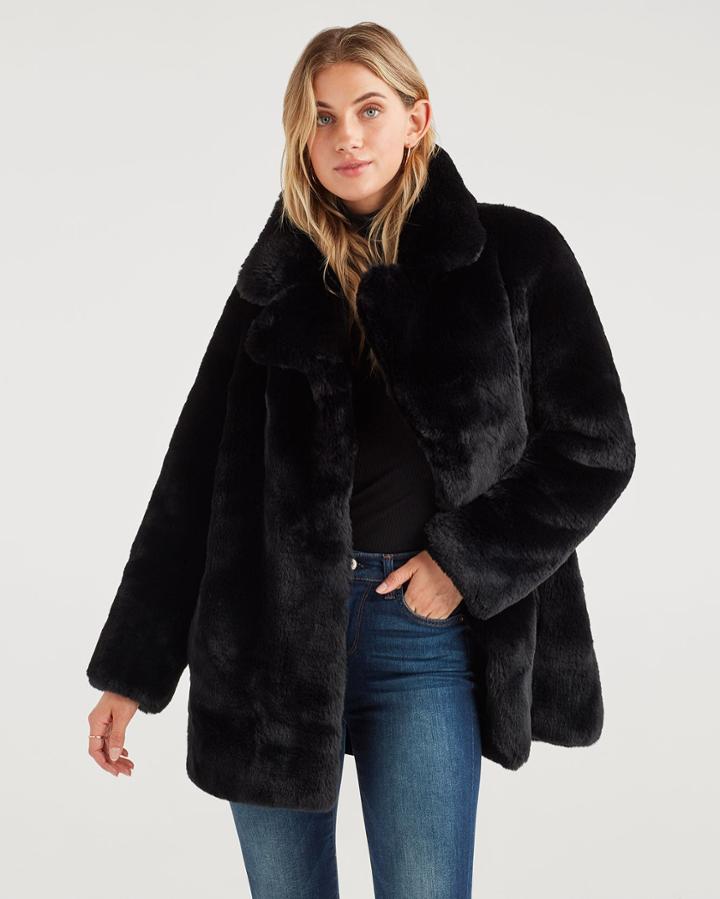 7 For All Mankind Women's Long Faux Fur Coat In Jet Black