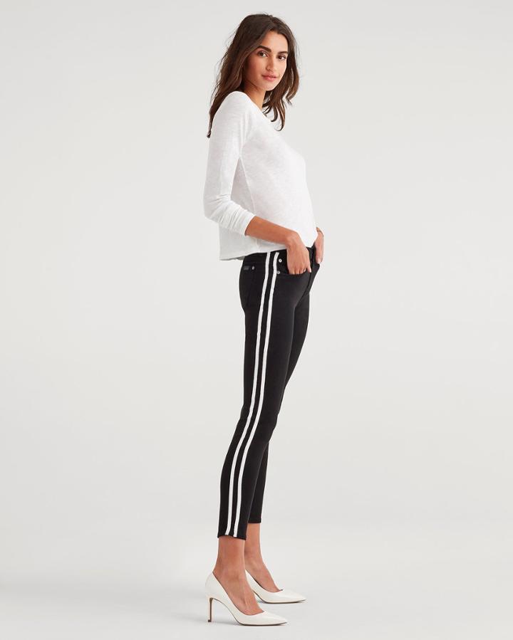 7 For All Mankind Women's B(air) Denim Ankle Skinny With Faux Leather White Stripes In Black