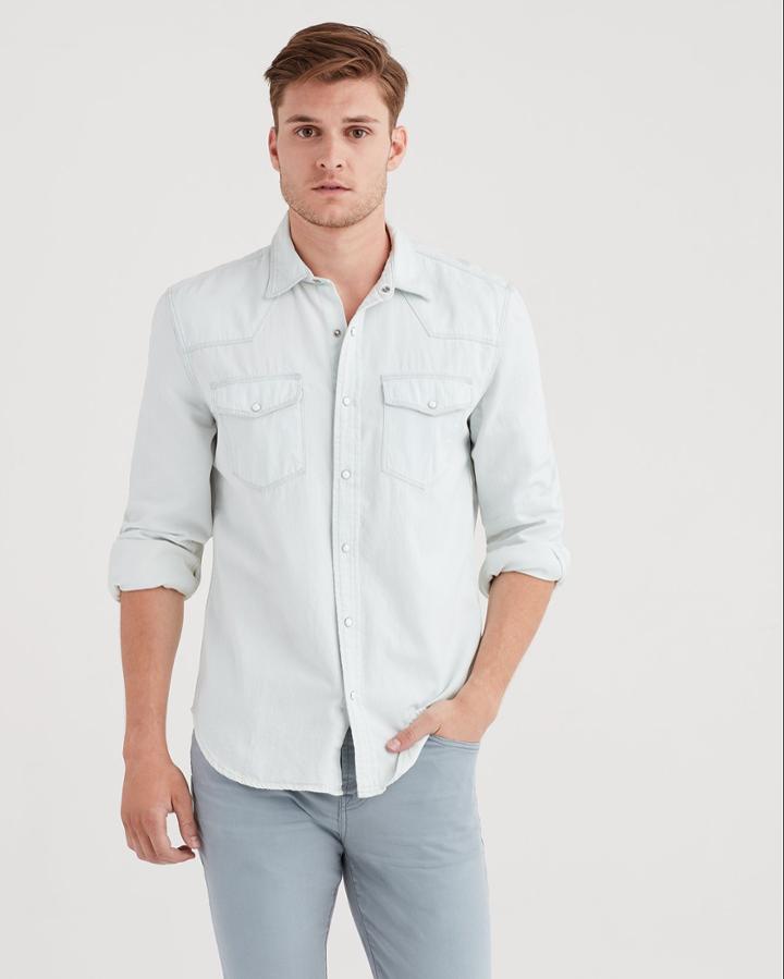 7 For All Mankind Men's Long Sleeve Denim Western Shirt In Off Limits