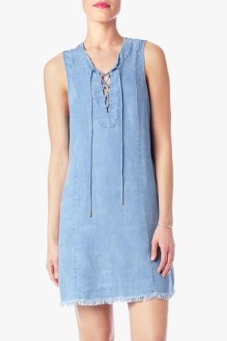 7 For All Mankind Sleeveless Lace Up Denim Dress With Raw Hem In Caspian Blue