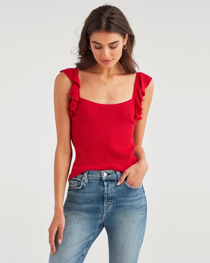 7 For All Mankind Women's Ruffle Strap Sweater Tank In Red