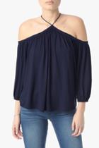 7 For All Mankind Off The Shoulder Tie Neck In Navy