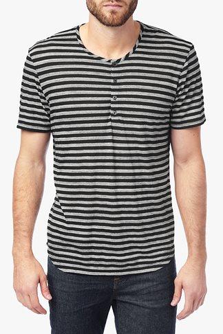 7 For All Mankind Short Sleeve Stripe Henley In Black Stripe