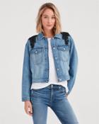 7 For All Mankind Oversized Cropped Boyfriend Jacket With Black Ornate Rhinestones And Destroy In Satellite Sky