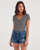 7 For All Mankind Women's V-neck Tee In Black And White Stripe