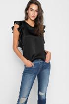 7 For All Mankind Satin Ruffle Tank In Black
